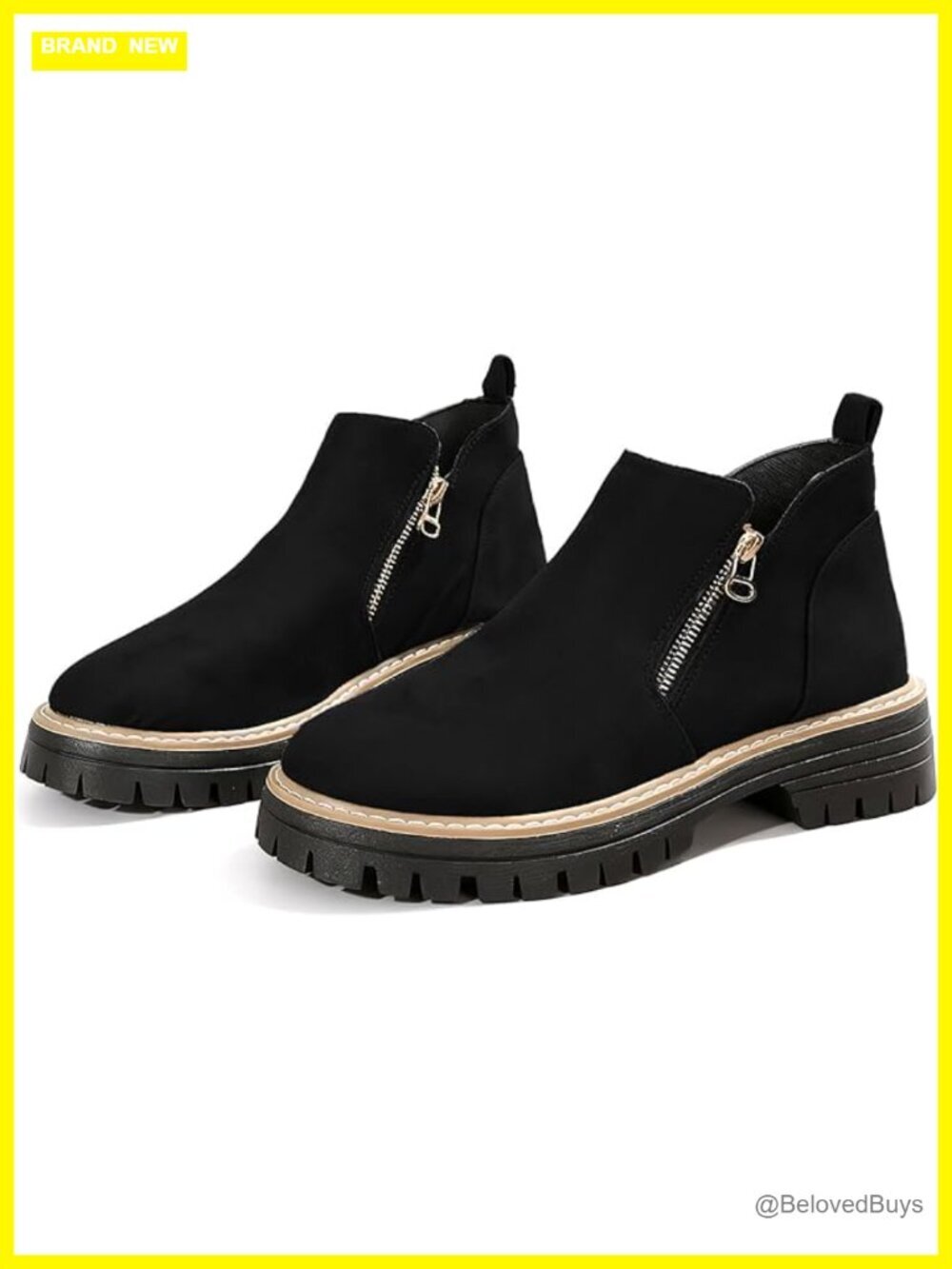 Faux Suede Chunky Heel Ankle Boots with Side Zipper Lug Sole